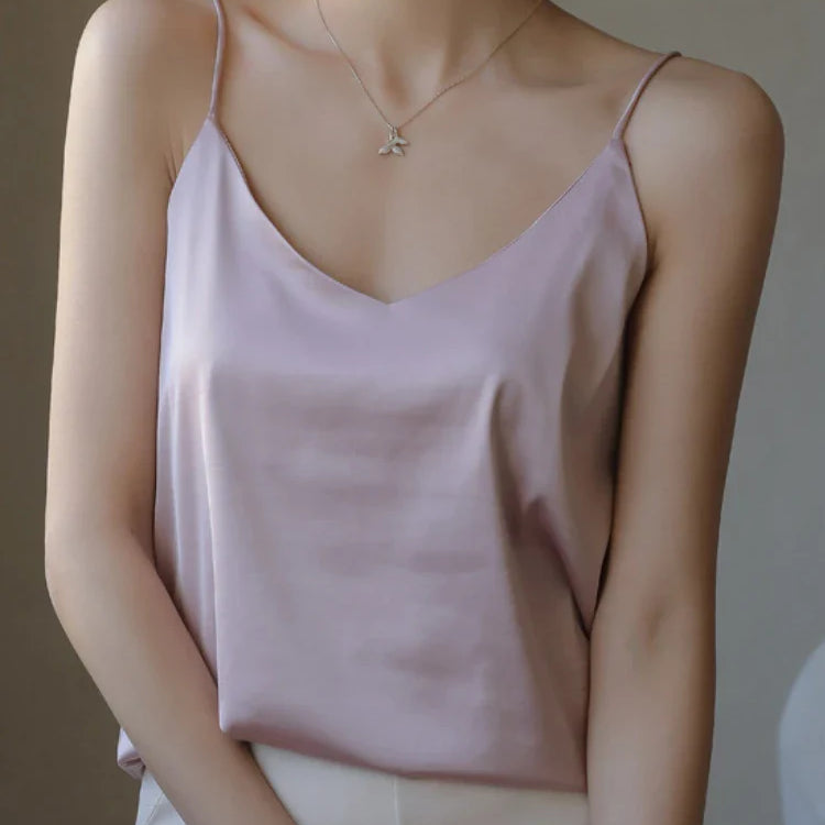 Grey Camisoles for Women Acetate SATIN Loose Summer Spaghetti Strap Tank Top Solid V-neck Fashion Sexy Backless Tanks & Camis pink