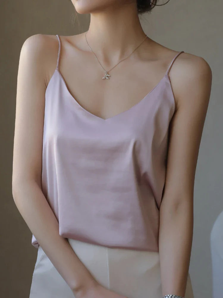 Grey Camisoles for Women Acetate SATIN Loose Summer Spaghetti Strap Tank Top Solid V-neck Fashion Sexy Backless Tanks & Camis pink