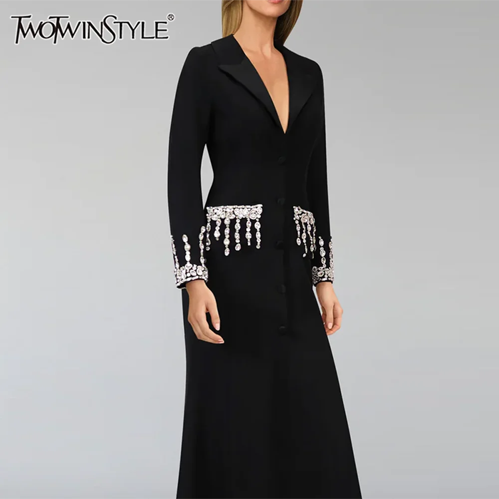 Solid Slimming Spliced Diamonds Dresses for Women Lapel Long Sleeves Patchwork Single Breasted Dress Female Fashion