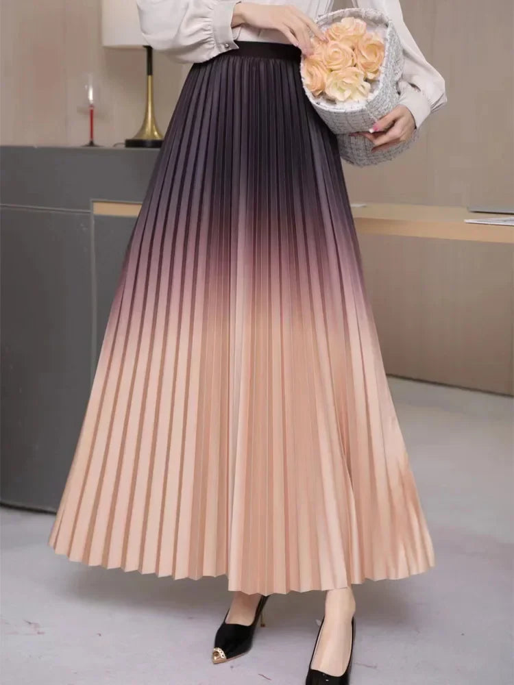 Floor-Length Long Pleated Skirt Women Gradient Color Lengthen Maxi Skirt Women Casual Patchwork Elegant Skirt Female Pink One Size