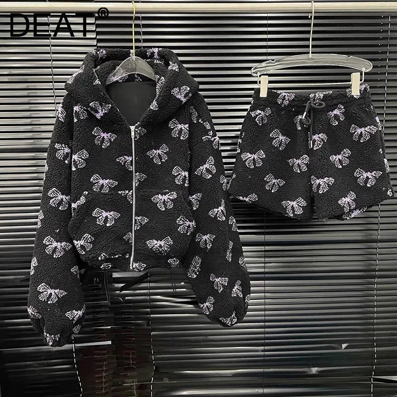 Autumn Winter New Fashion Women's Set Bowknot Printed Design Hooded Loose Zipper Coat Elastic Waist Shorts 11A07780