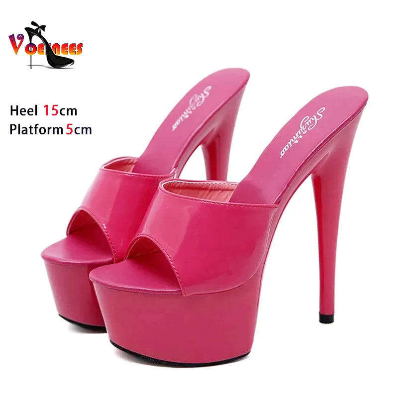 2024 Patent Leather Women Shoes Thin Heels Sexy Waterproof Platform High Heels Sandals Female Summer Slip On Slippers Size 43 As Picture Shown
