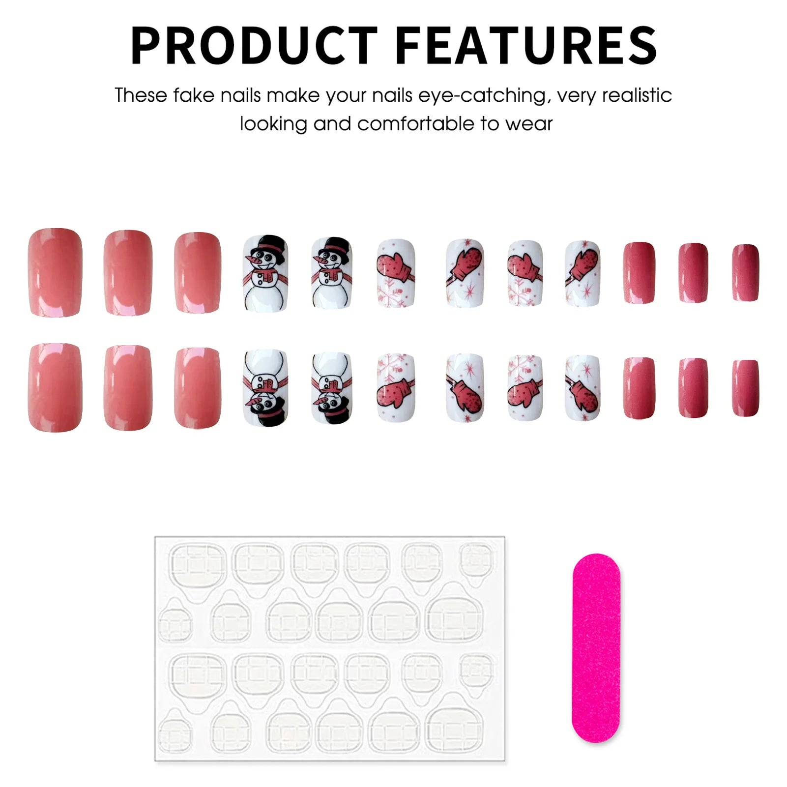 Short Square Fake Nails for Christmas Party 24Pcs White/Pink Press On Nails Snowman/Snowflake Printed Stick-on False Nails