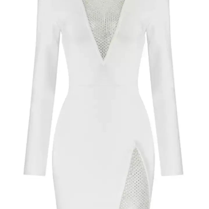 Black New Winter Black Beading Long Sleeve Dress Sexy Hollow Out Sheath Mini Club Celebrity Runway Party Dress WHITE