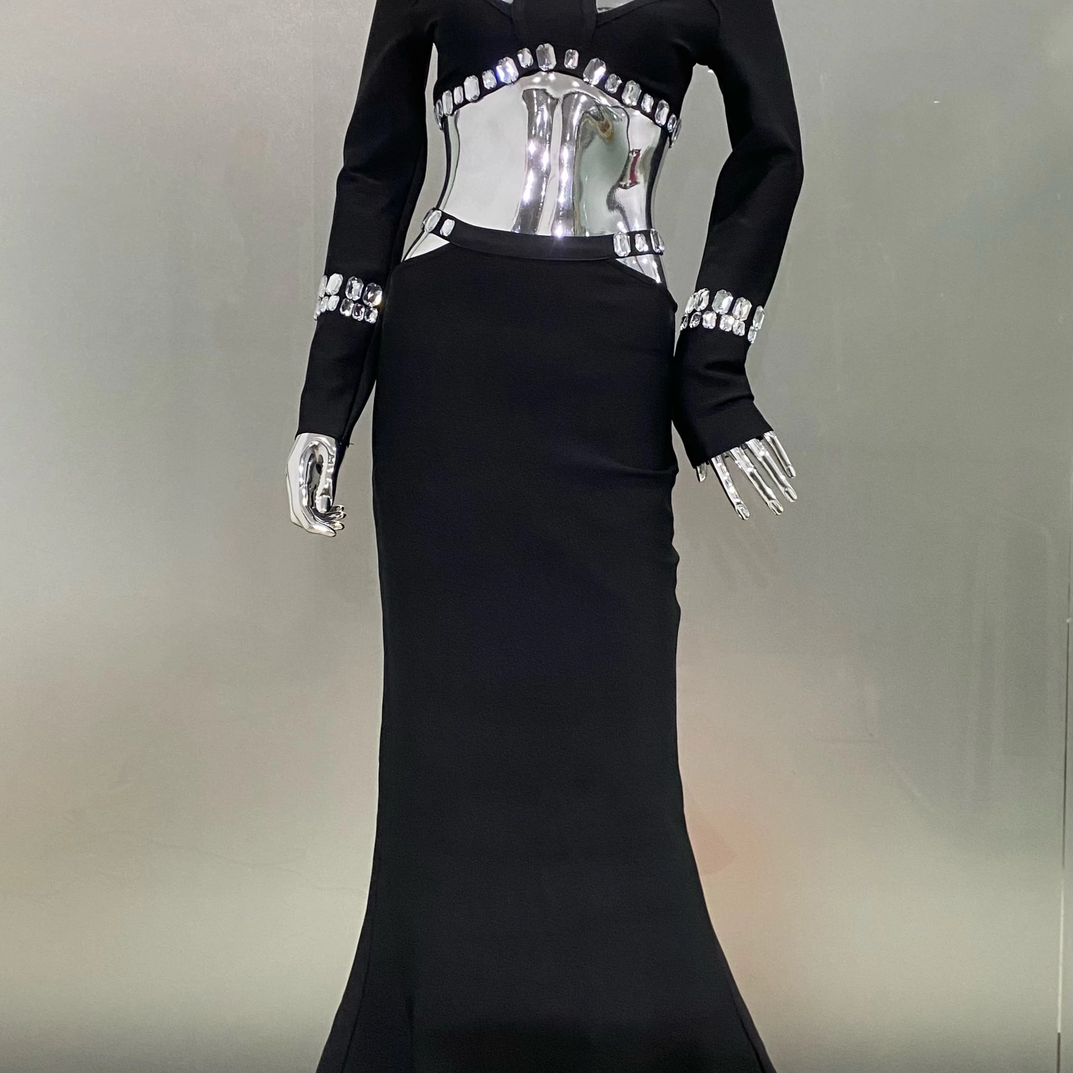 STOCK Stylish Luxury Diamonds Woman Bandage Set Sexy Hollow Out Short Top And Mermaid Long Skirt 2 Pieces Evening Party Vestido