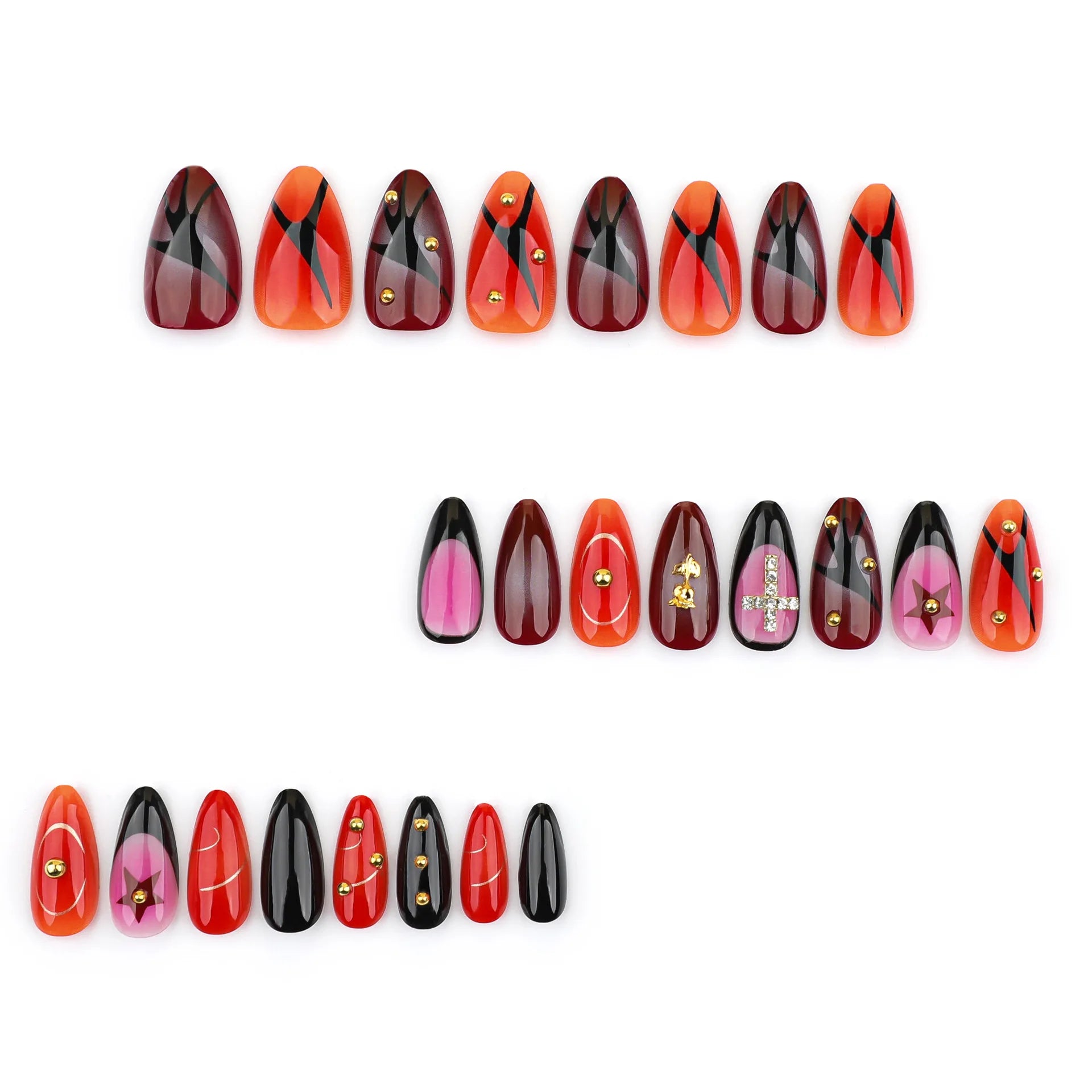 24pcs Metal 3D Rose Press on Nails Full Cover Wearable Almond False Nails Spice Girls Y2k Gothic Punk Style Fake Nail Tips