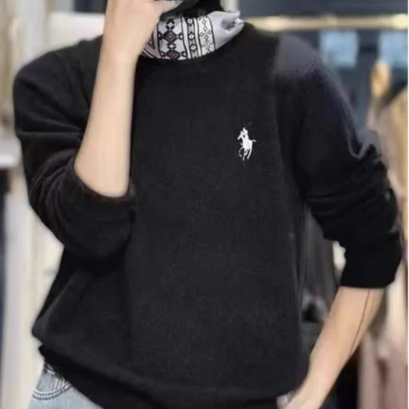 Women's Fashion Spring and Autumn Cashmere Embroidered Pullover O-neck New Soft and Comfortable Casual Long Sleeve Embroide black