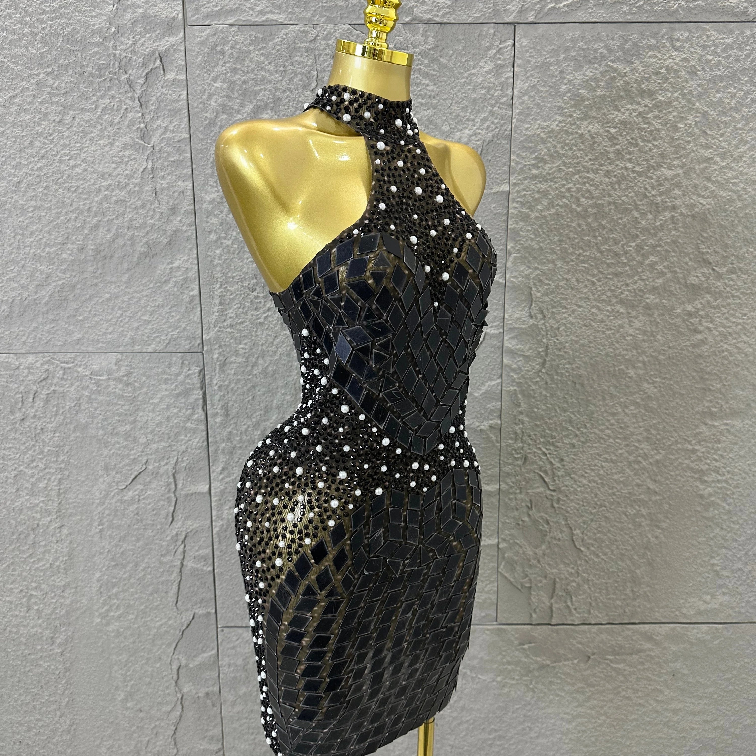 Luxury Gold Halter Neck Mini Dress Diamond Mirror Pearl Beaded Bodycon Nightclub Party Clubwear Outfit
