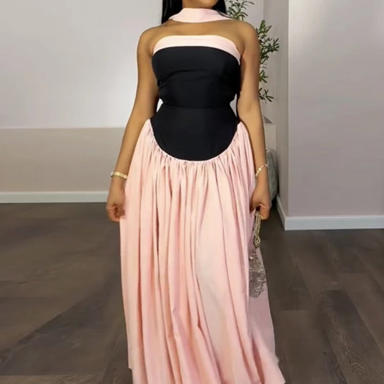 Women Fashion Halter Neck Pleated Big Swing High Waist Maxi Long Dress 2025 Summer Party Night Club Vestidos Dresses
