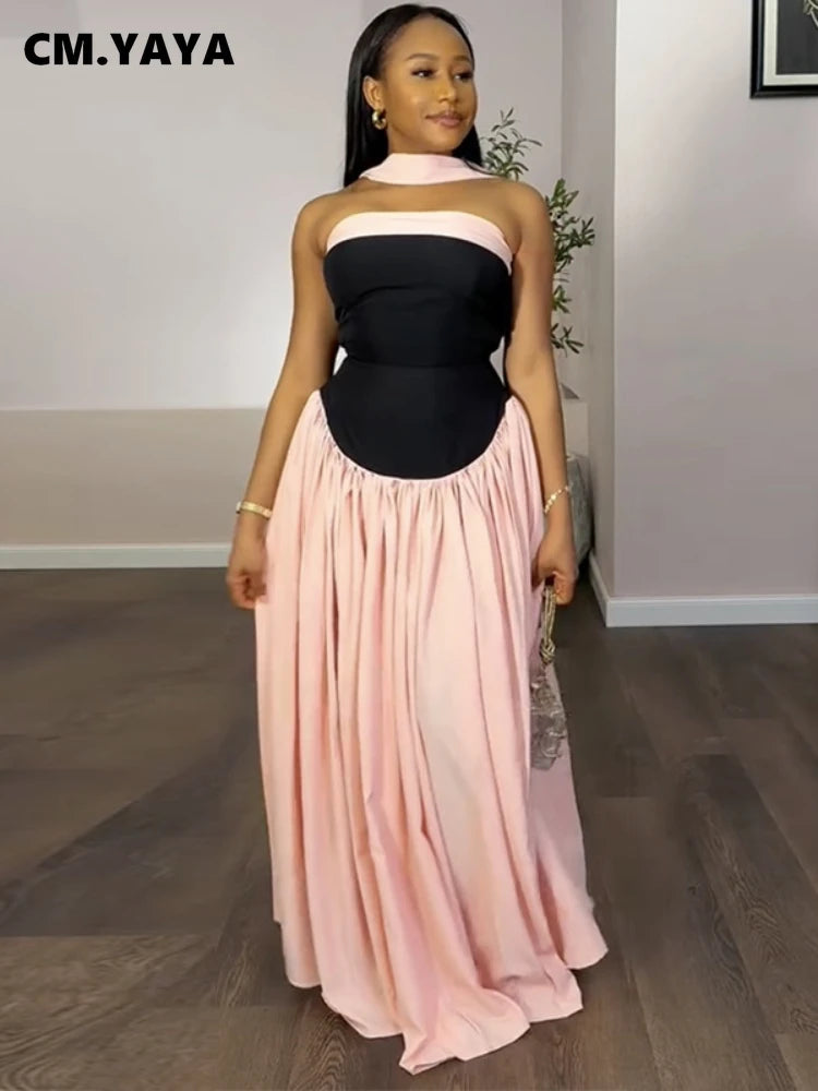 Women Fashion Halter Neck Pleated Big Swing High Waist Maxi Long Dress 2025 Summer Party Night Club Vestidos Dresses