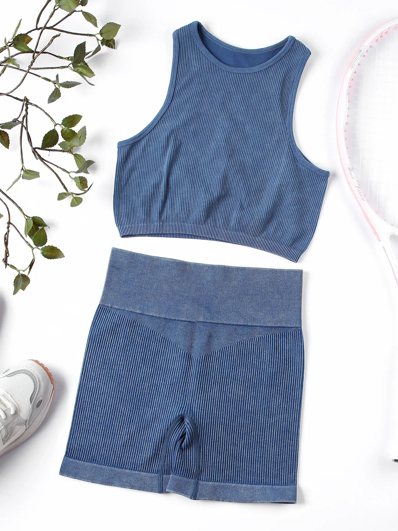 SALSPOR Wash Fitness Summer Sport Outfit for Woman High Waist Stretch Yoga Gym Set Women Activewear Running Outdoors Shorts Sets Navy Blue