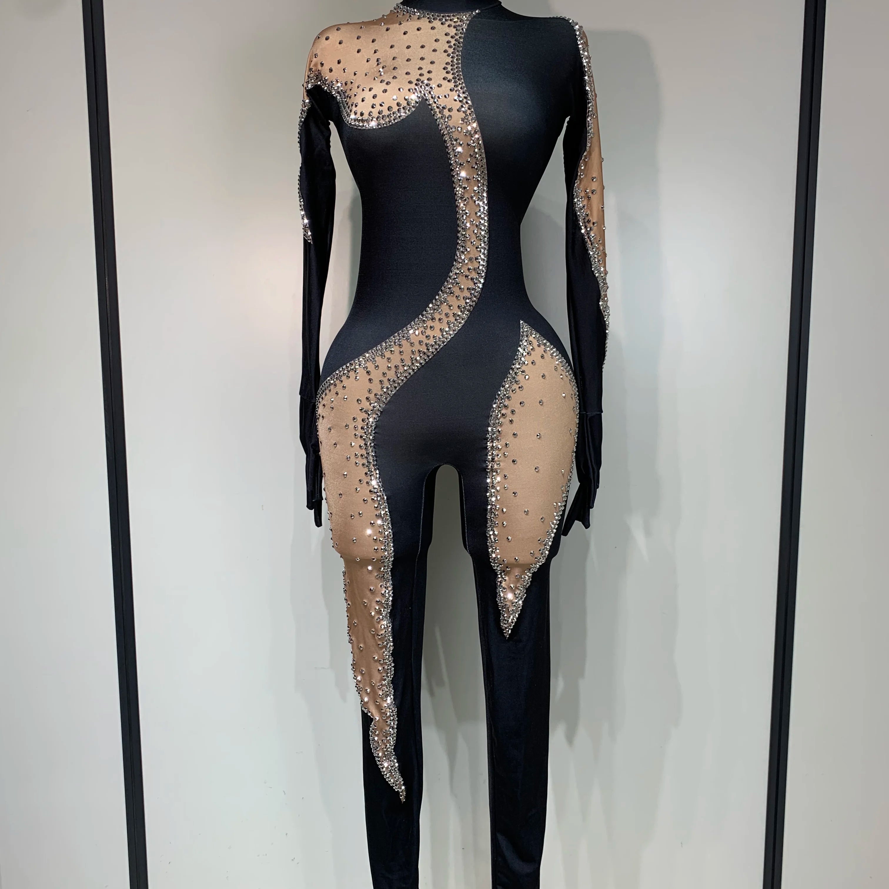 Fashion Sparkly Rhinestone Bodycon Bodysuit Female Singer Dancer Stage Perform Outfit Luxury Birthday Club Drag Queen Costume black