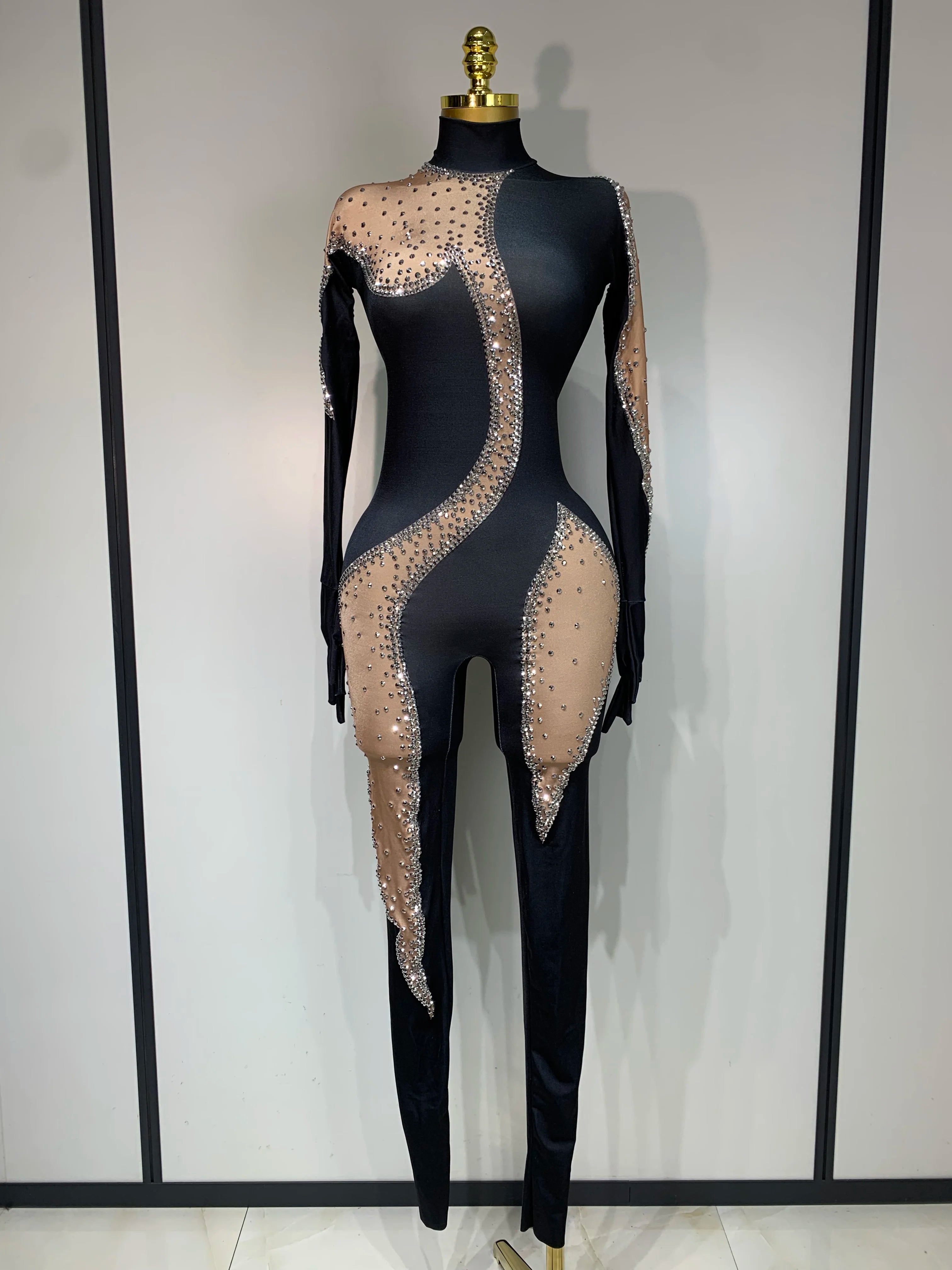Fashion Sparkly Rhinestone Bodycon Bodysuit Female Singer Dancer Stage Perform Outfit Luxury Birthday Club Drag Queen Costume black