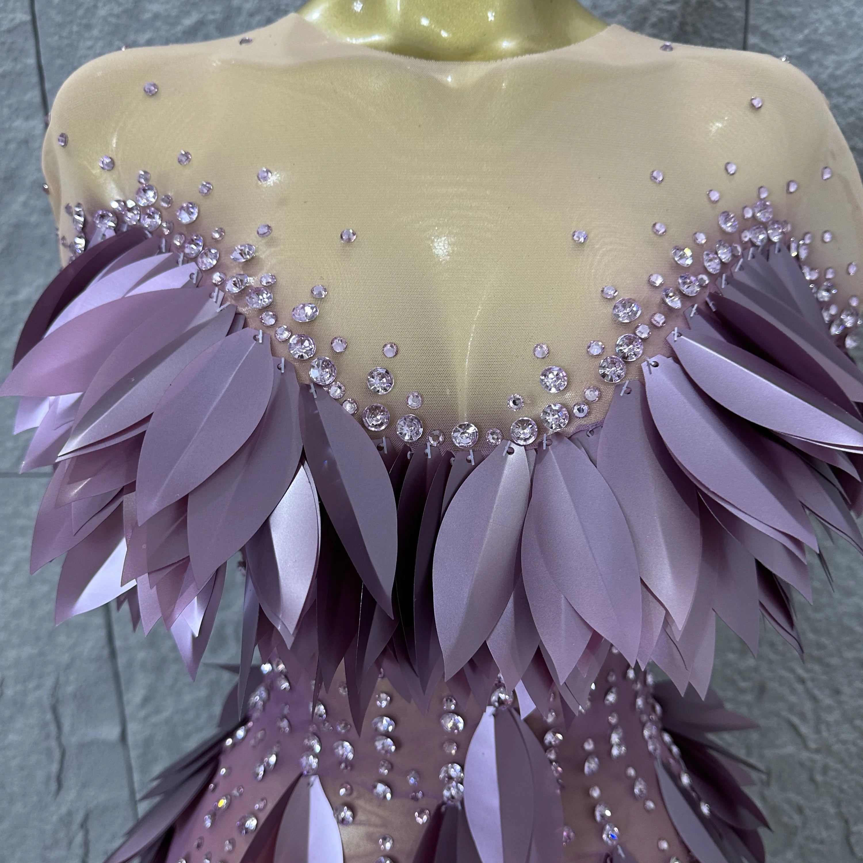 Sparkly 2026 Purple Sheer Mesh Dress Women Sexy Illusion Neck Rhinestone 3D Leaf Fringe Bodycon Evening Gala Nightclub Outfit