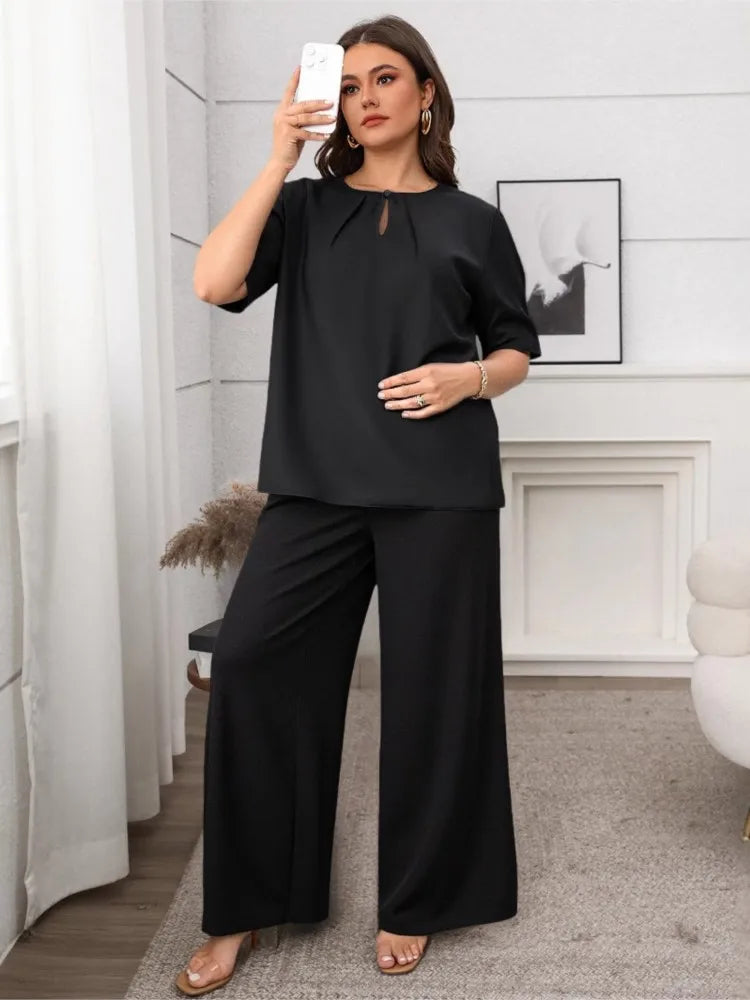 Plus Size Summer 2 Two Piece Set Women Pleated Short Sleeve Modis Casual Ladies Blouses Loose Wide Leg Elastic Waist Woman Pant
