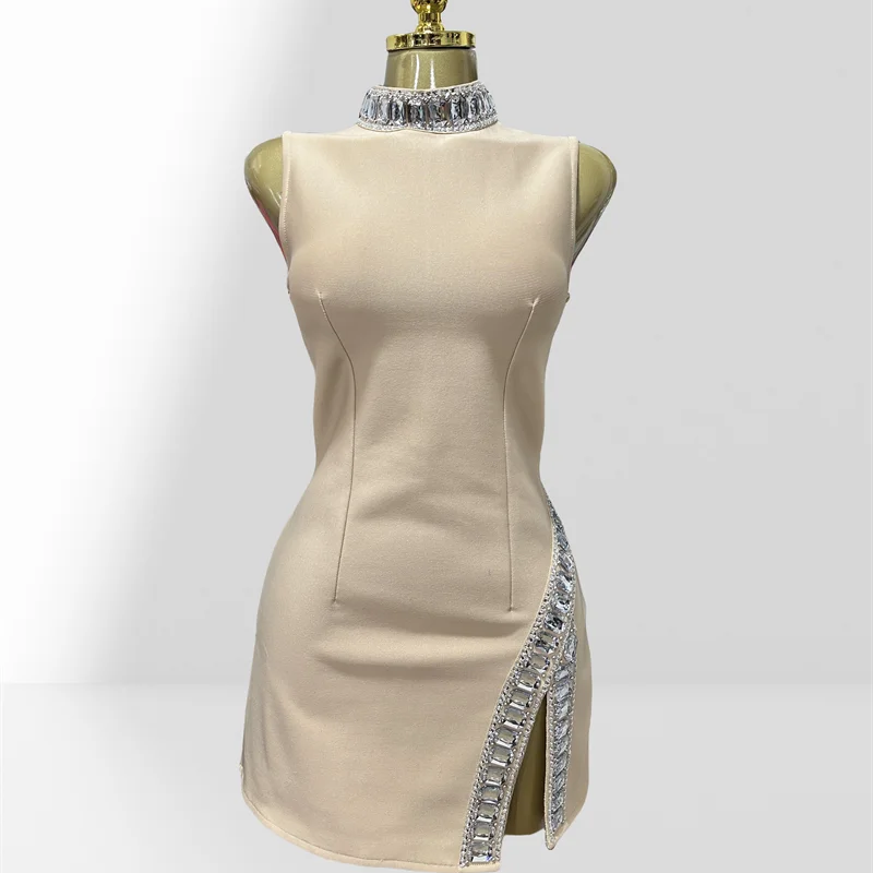 New Summer Super shining Diamonds O-neck Sleeveless Bandage Mini Dress Fashion Woman Birthday Party Dress Music Festival Outfit Beige