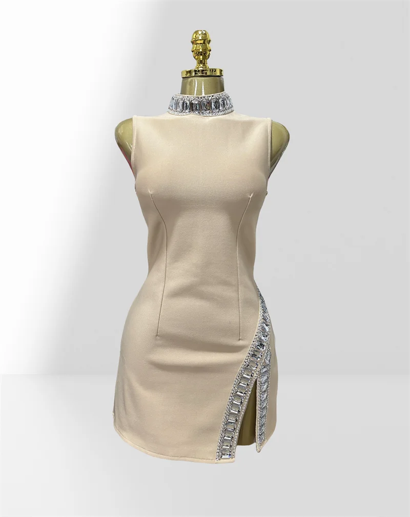 New Summer Super shining Diamonds O-neck Sleeveless Bandage Mini Dress Fashion Woman Birthday Party Dress Music Festival Outfit Beige