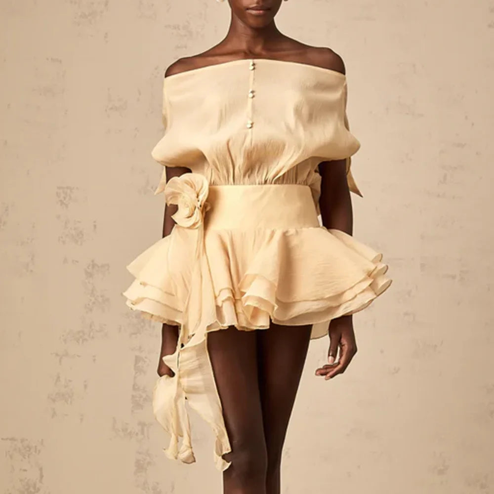 Solid Loose Spliced Ruffles Mini Dresses for Women Slash Neck Sleeveless Patchwork 3D Flower Dress Female Clothing