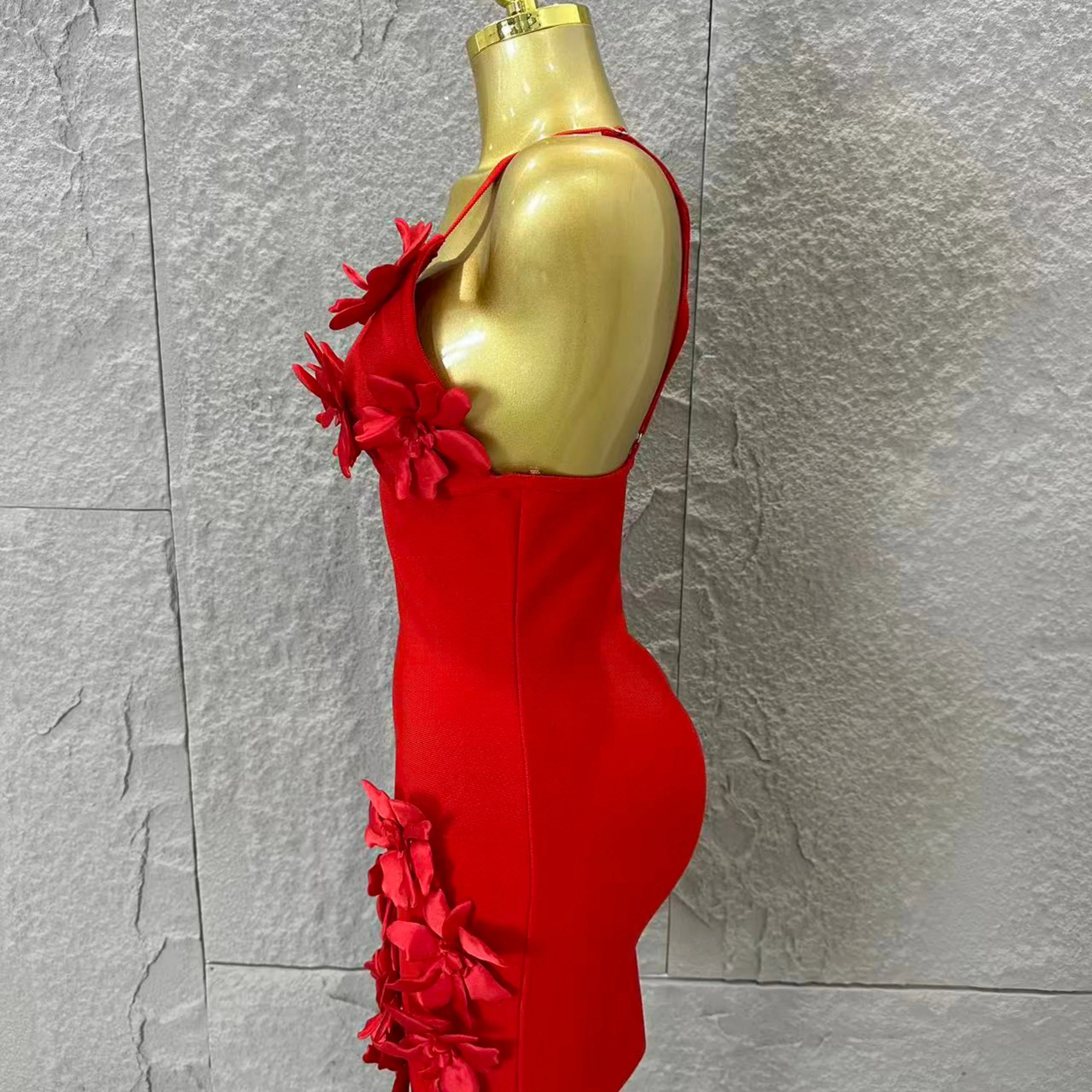 Sexy Deep V Red 3D Flower Applique Dress Slim Fit Bodycon Bandage Night Out Wedding Guest Club Cocktail Evening Party Outfit