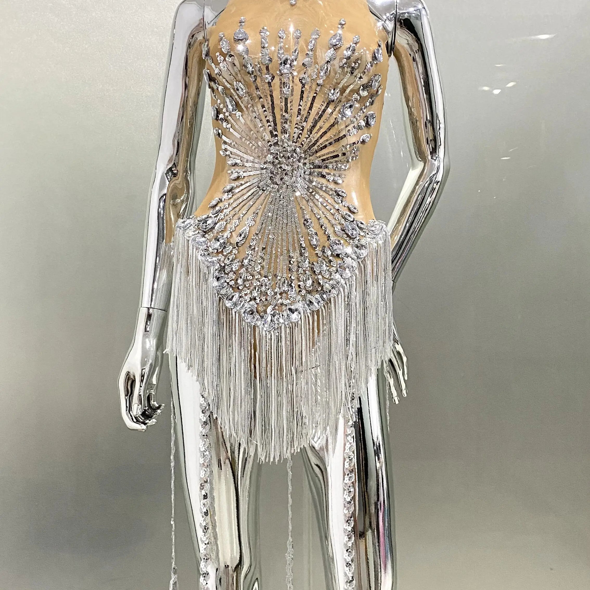 Sliver Sequins Shining Diamonds Long Tassel Sleeveless Mini Dress Evening Dress Woman Birthday Party Outfit