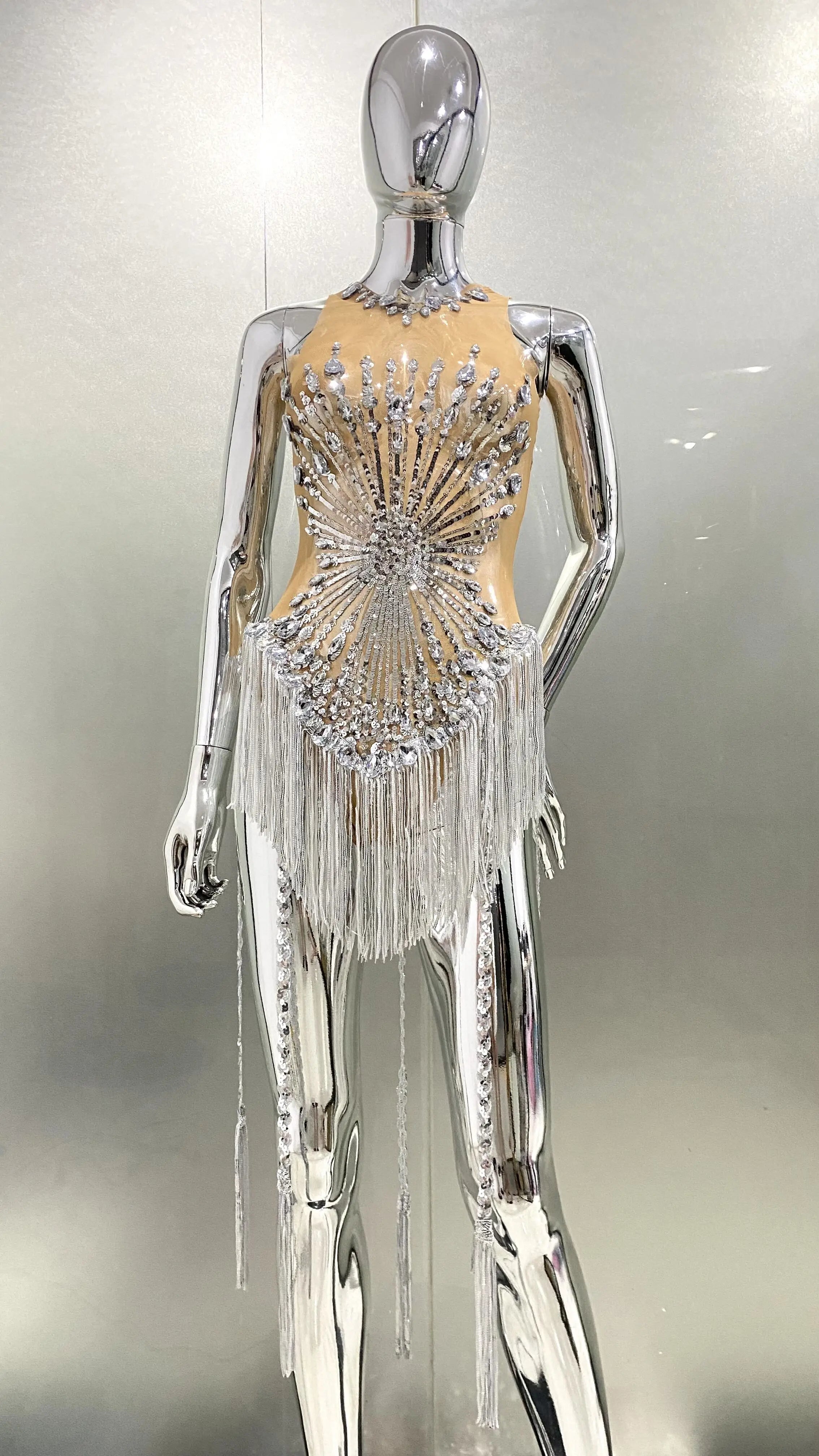 Sliver Sequins Shining Diamonds Long Tassel Sleeveless Mini Dress Evening Dress Woman Birthday Party Outfit