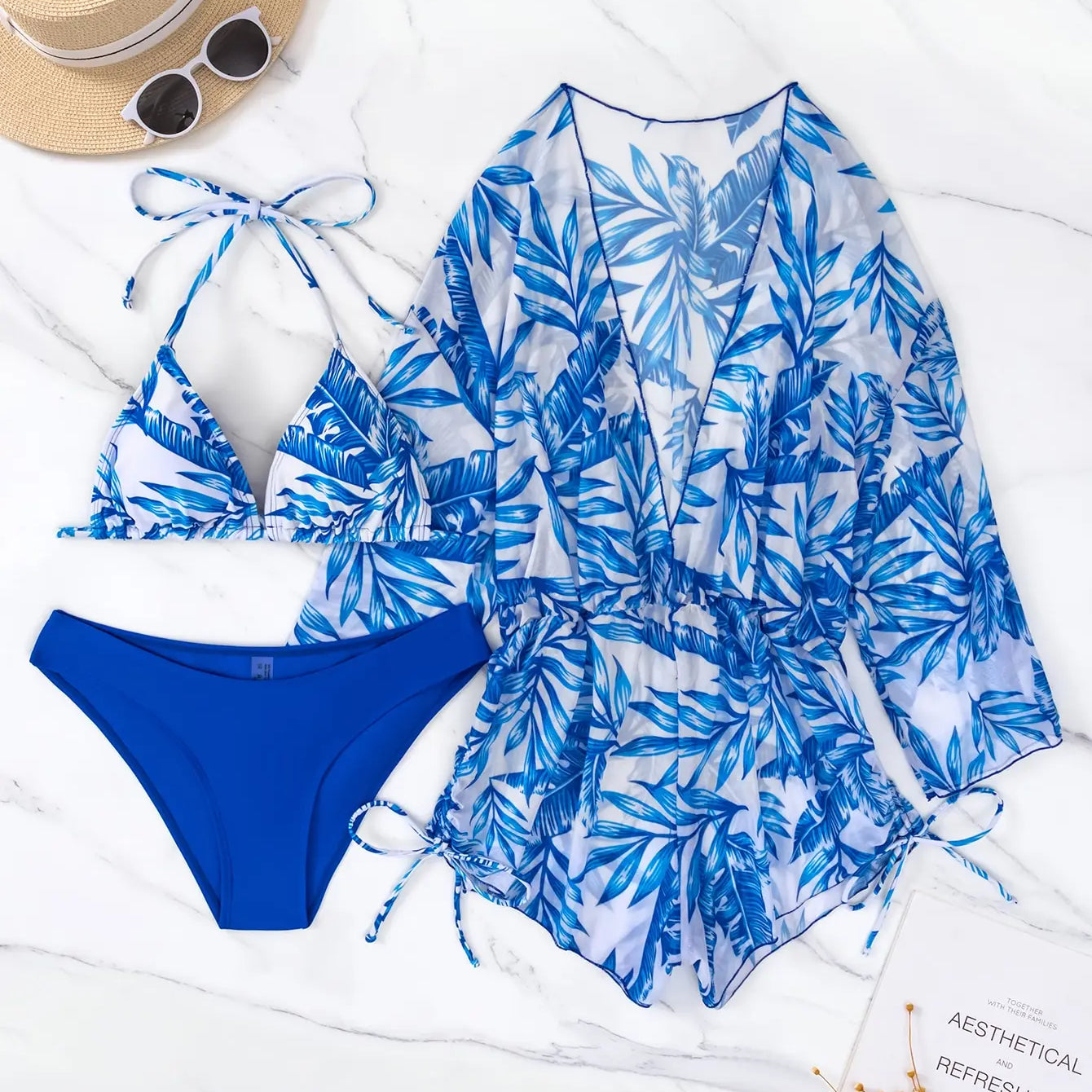 3 Pieces Bikini Tropical Print Swimsuit Halter Drawstring Side Swimwear Women 2023 Bathing Suit Female Swimming Summer Beachwear Blue