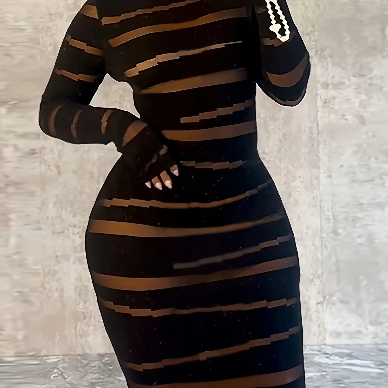 Plus Size Women Clothing Dress Long Sleeve Striped Print O-neck High Waist Spring Night Club Streetwear Mini Dresses Black