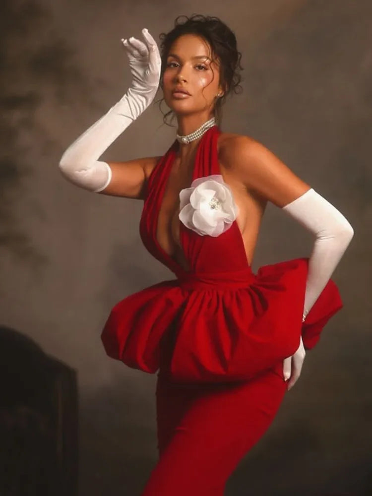 New Women Celebrity Sexy Halter Backless Red Flower Maxi Long Bodycon Bandage Dress 2025 Elegant Evening Club Party Dress