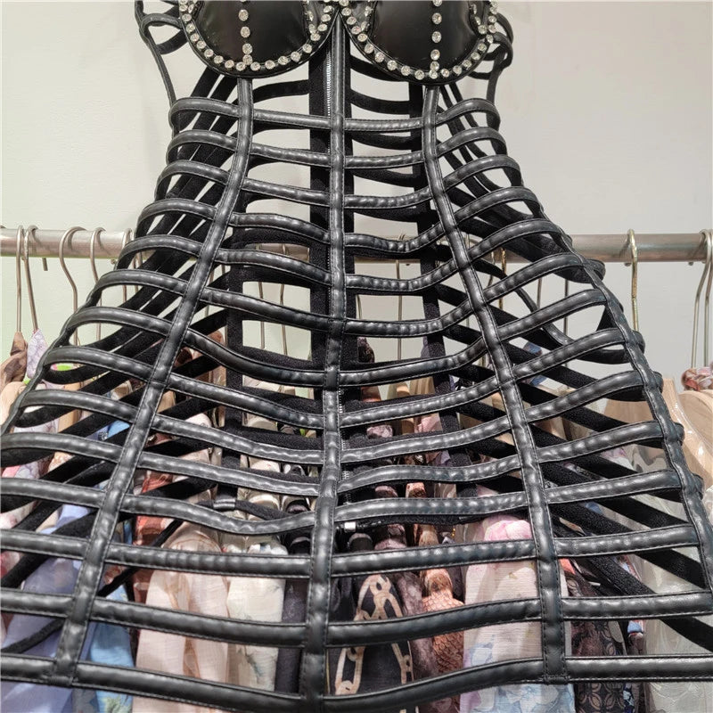 New Style Fashion Hollow Out Leather Dress For Women Heavy Industry Strapless Slim Fit Short Dresses Female 11A07880