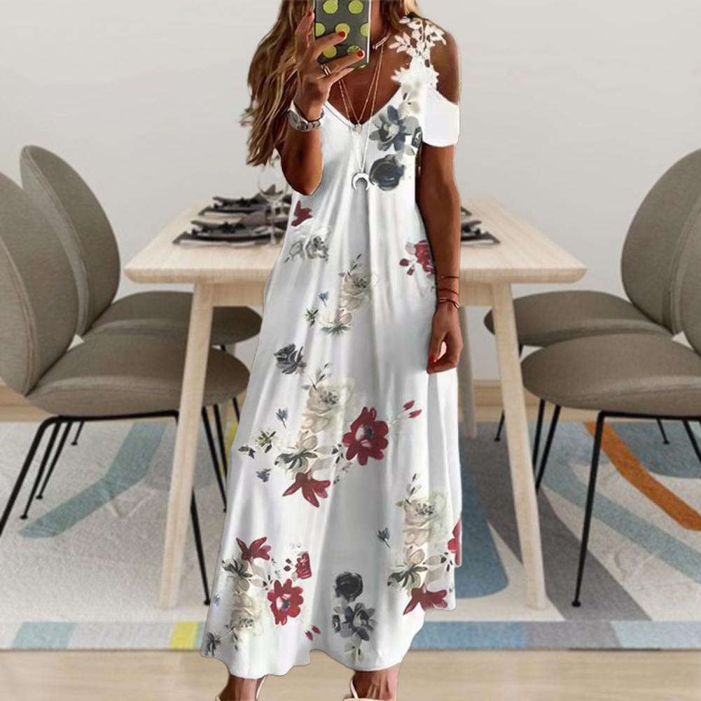Women Floral Print Maxi Dress Boho Lace Sling Hollow Out A Line Long Dress Ladies Casual Loose V-Neck Beach Party dress Vestidos Style7