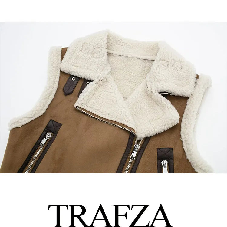 Woman Faux Leather Lambswool Patchwork Sleeveless Vest Autumn Jackets Female Fashion Thickening Warm Zip Waistcoats Coat