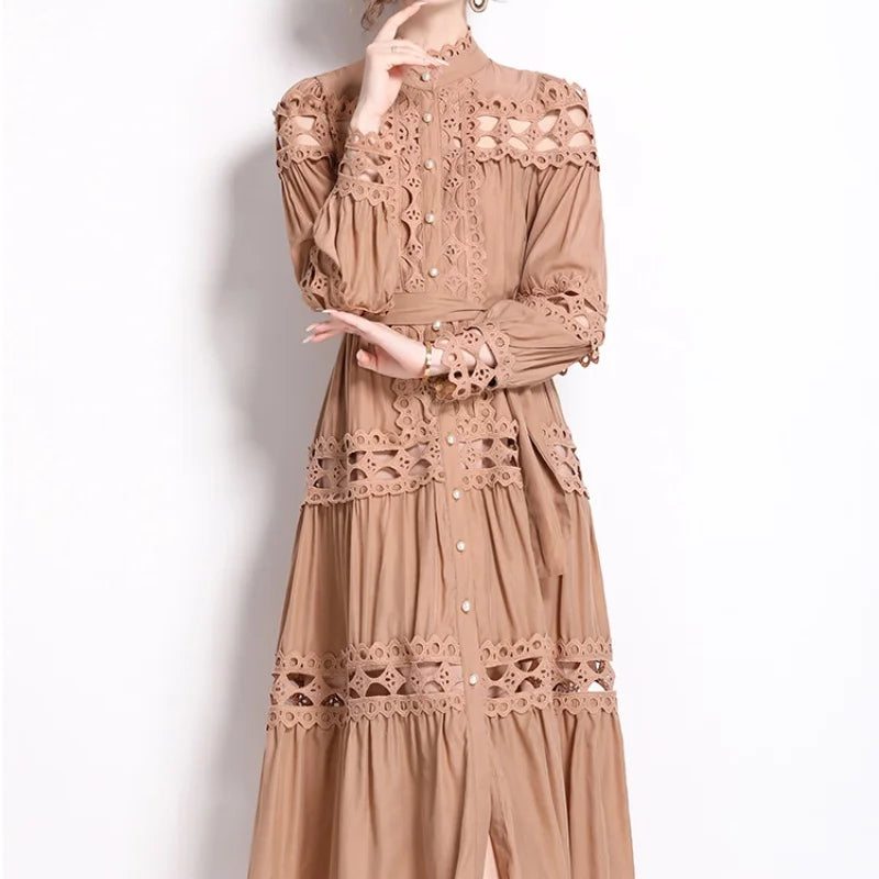 New Spring Autumn Stand Collar Lace Hollowed Out Single Breasted Dress Women's Vintage Elegant Full Sleeve Rnnway Long Dress