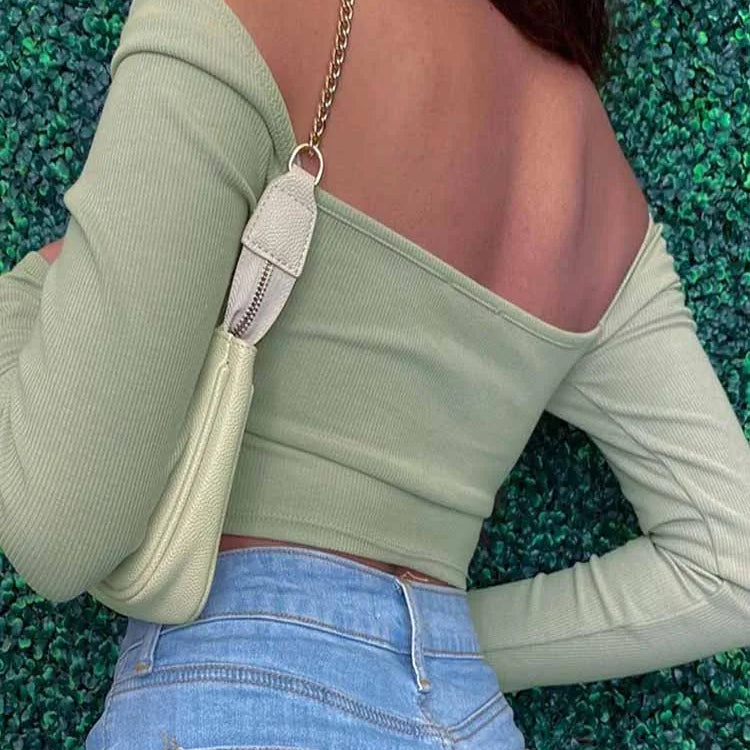 Hollow-Out V-neck Long Sleeve Crop Tops Spring Fall Casual Fashion Women Square Collar Slim Ribbed T-Shirts Backless Tee