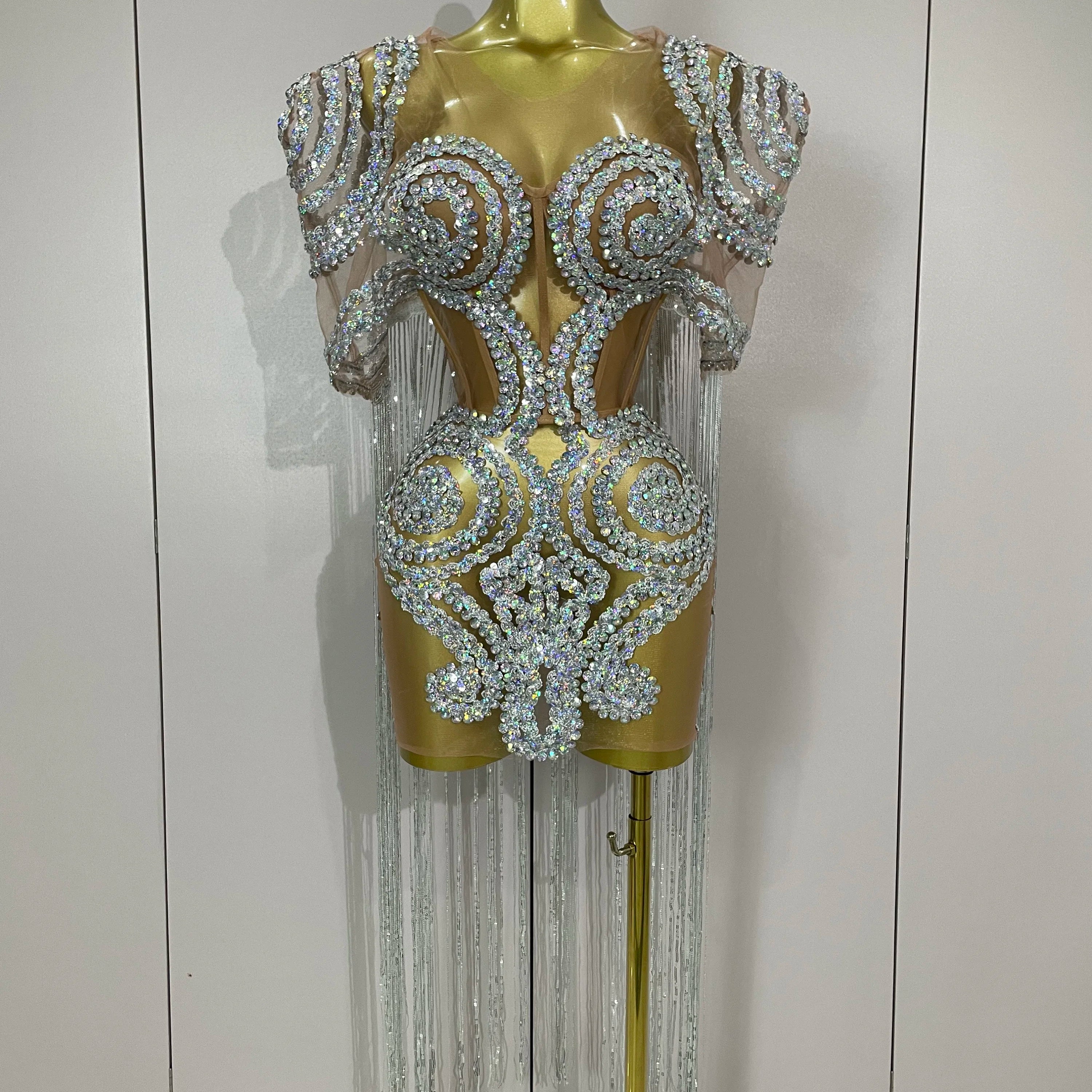 Stock Sparkly Rhinestones Sequins Sexy Mesh Tassels Cape Short Dress 2025 Women Evening Birthday Party Nightclub Stage Costume Silver