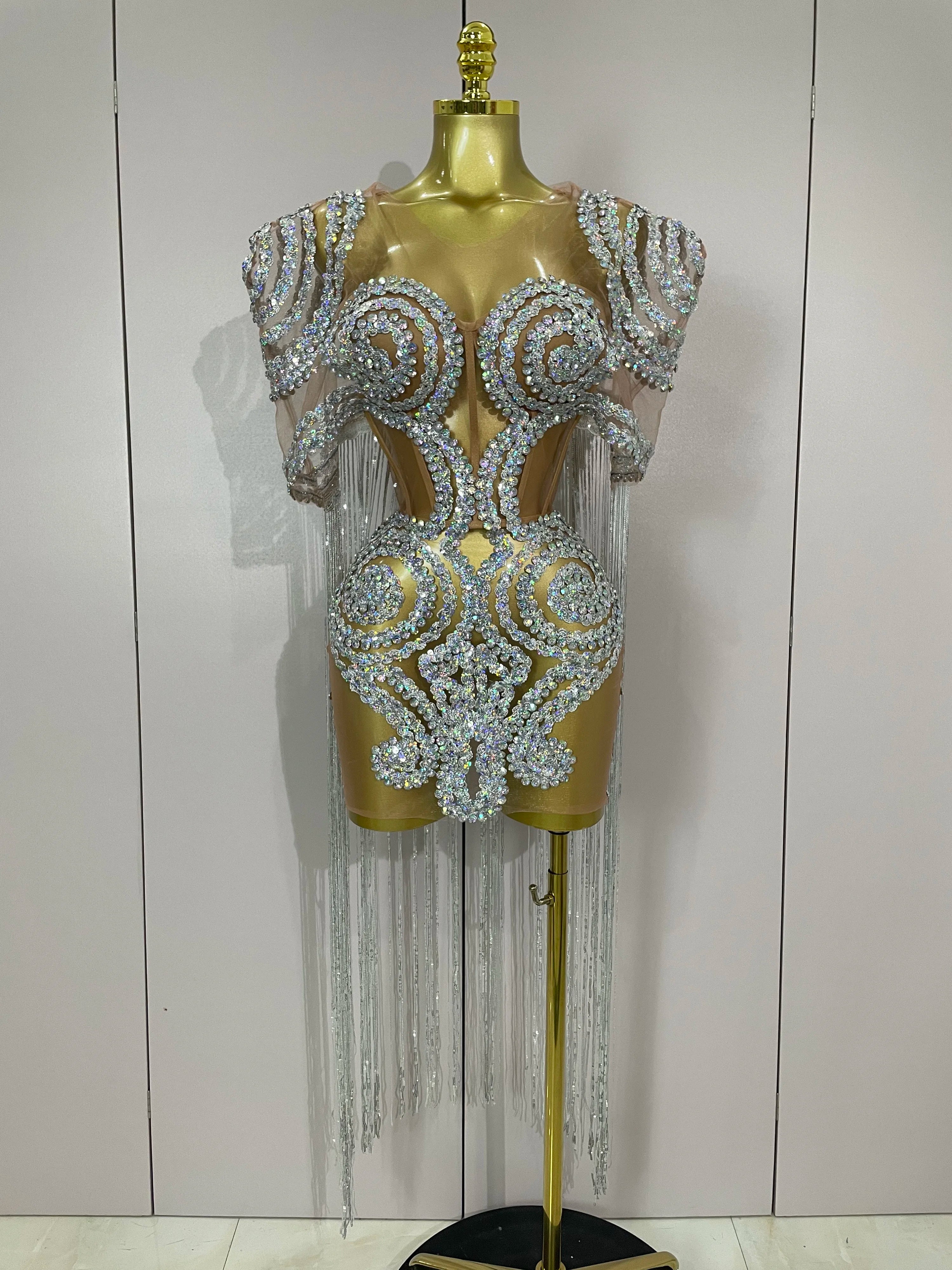 Stock Sparkly Rhinestones Sequins Sexy Mesh Tassels Cape Short Dress 2025 Women Evening Birthday Party Nightclub Stage Costume Silver