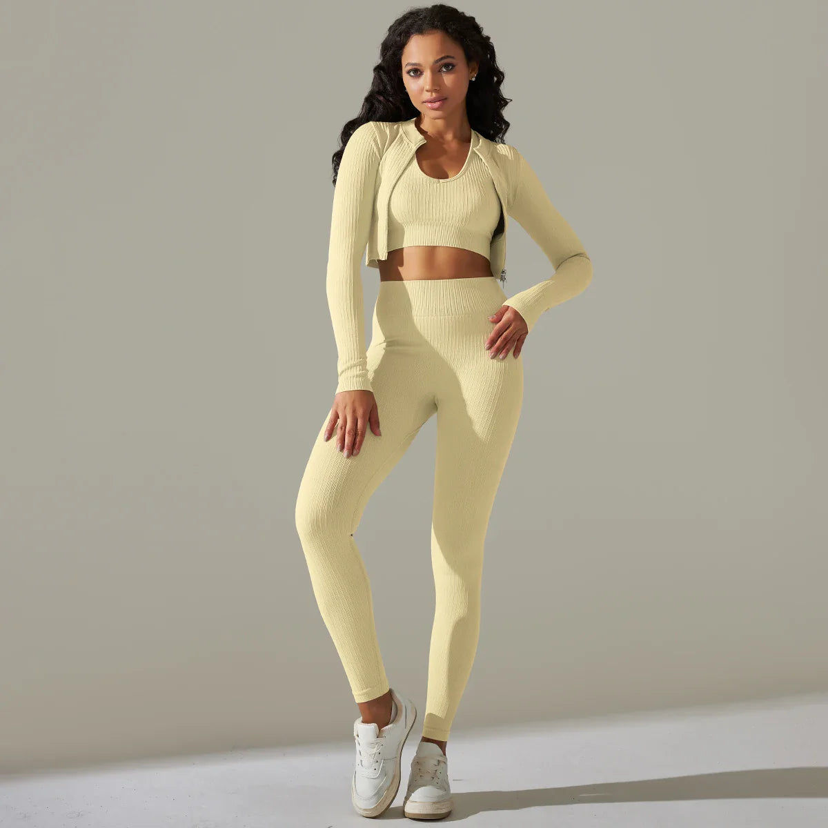 2pcs Yoga Set Women zippers Long Sleeve Crop Top+High Waist Yoga Pants Sports Suit Quick Dry Breathable Fitness Workout Set Khaki
