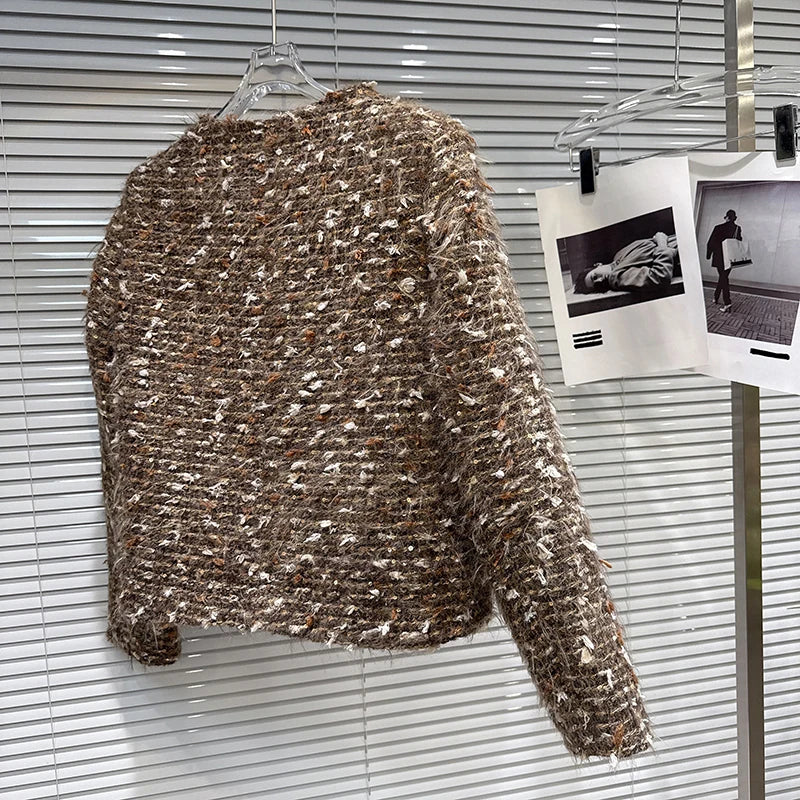 Winter New Fashion Style Rhinestone Flower Pin Knitted Thick Tweed Cotton Inner Short Coat For Women Jacket 11A07835