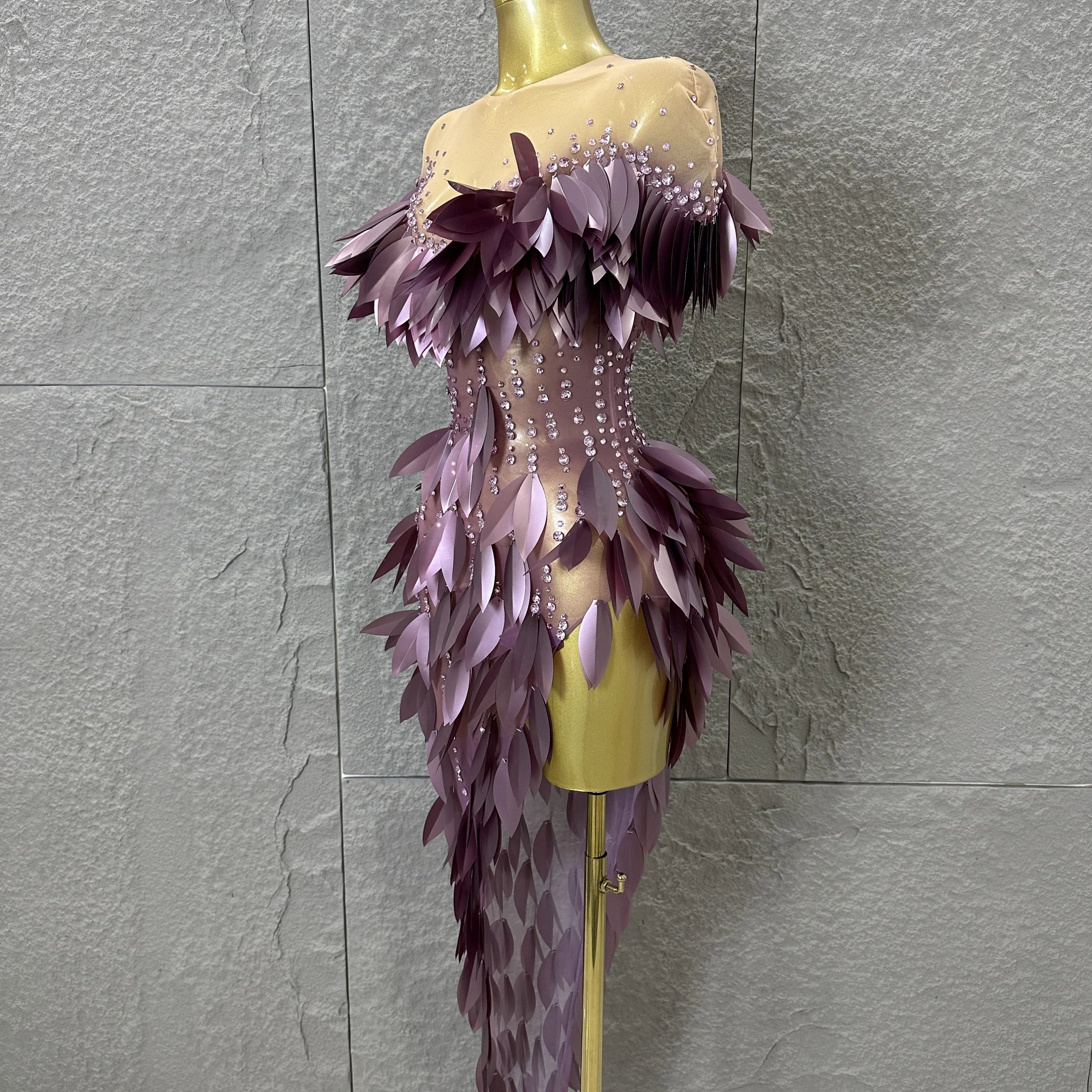 Sparkly 2026 Purple Sheer Mesh Dress Women Sexy Illusion Neck Rhinestone 3D Leaf Fringe Bodycon Evening Gala Nightclub Outfit
