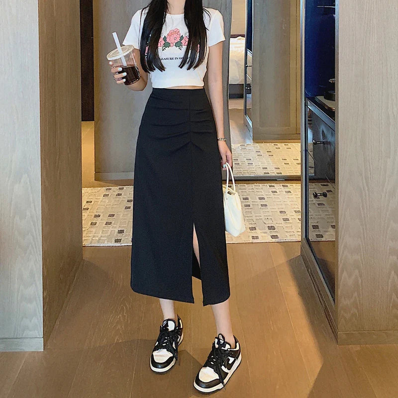 A-Line Elastic Waist Irregular Pleated Split Skirt Midi Dress Sexy Casual Solid Elegant Chic Women Clothing French Summer OL New Black