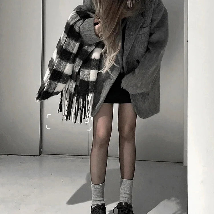 Lautaro Autumn Winter Grey Black Warm Soft Woolen Blazer Women Long Sleeve Single Breasted Korean Fashion New in Coats & Jackets