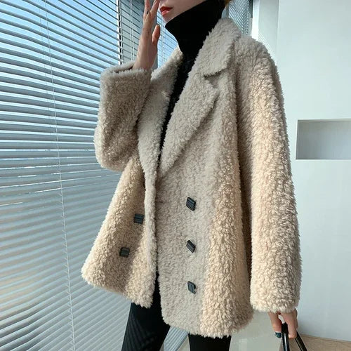 AYUNSUE Short Real Sheep Shearling Coat Female Winter 2021 Casual Korean Wool Jackets Women's Fur Coats Casaco Feminino Gxy431 Beige