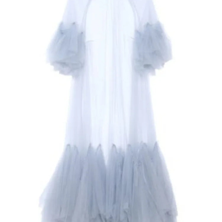 DEAT Summer Women's Dress New Fashion Round Neck Loose Gauze Spliced Ruffles Sleeve Ankle-length Dresses Female JR77101 blue One Size