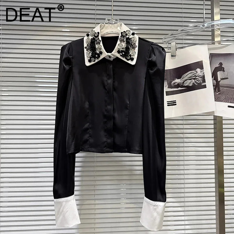 Winter New Elegant Fashion Sequin Embroidery Flower Collar Contrast Heavy Industry Shirt For Women Casual Top 11A07560