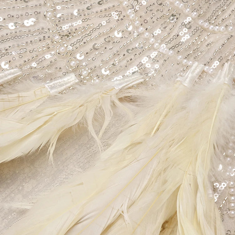 Nude Strapless Crystals Embellished Long Dress Sheath Low V Neck Sleeveless Feather High Side Slit Floor Length Evening Gown