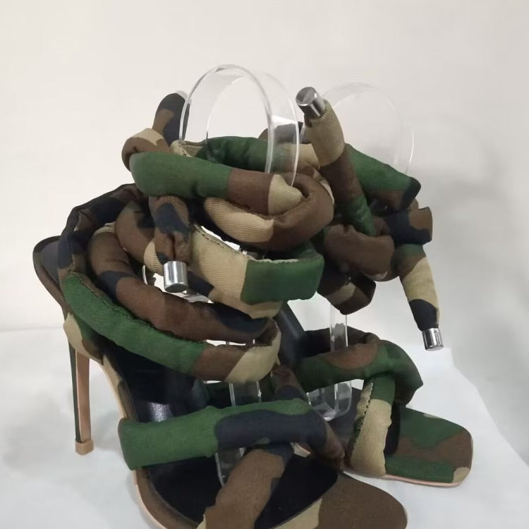 Summer New Square Head Slim High Heel Sandals Wrapped Around The Feet Fashion Show Dress 43 Large Women's Sandals camouflage