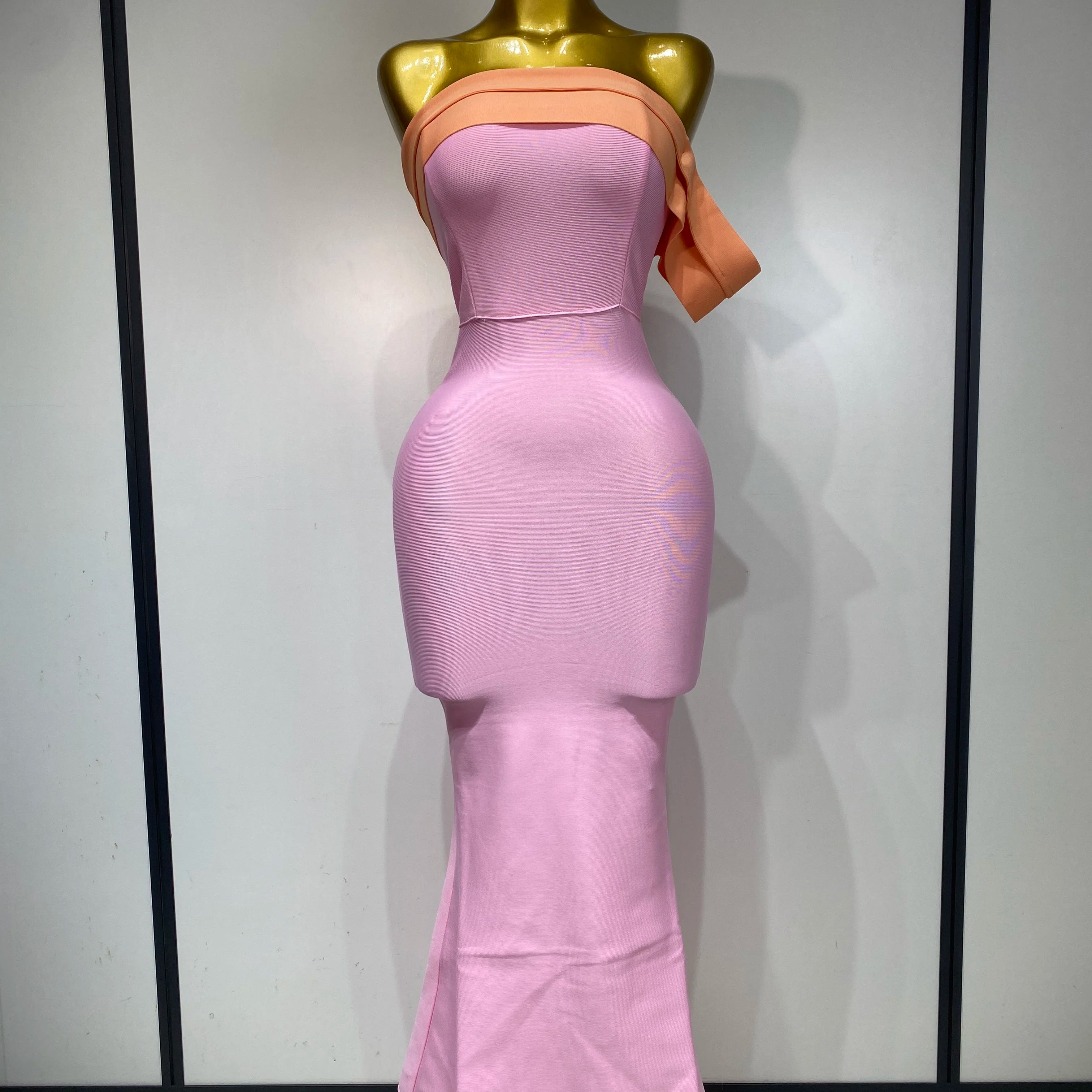 Women Sexy One Shoulder Color Block Bodycon Bandage Dress 2025 Celebrity Elegant Evening Club Luxury Birthday Party Outfit Pink