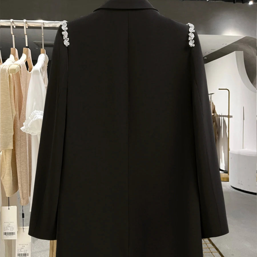 Solid Loose Spliced Button Casual Jackets for Women Lapel Long Sleeves Patchwork Bead Jacket Female Fashion Clothes