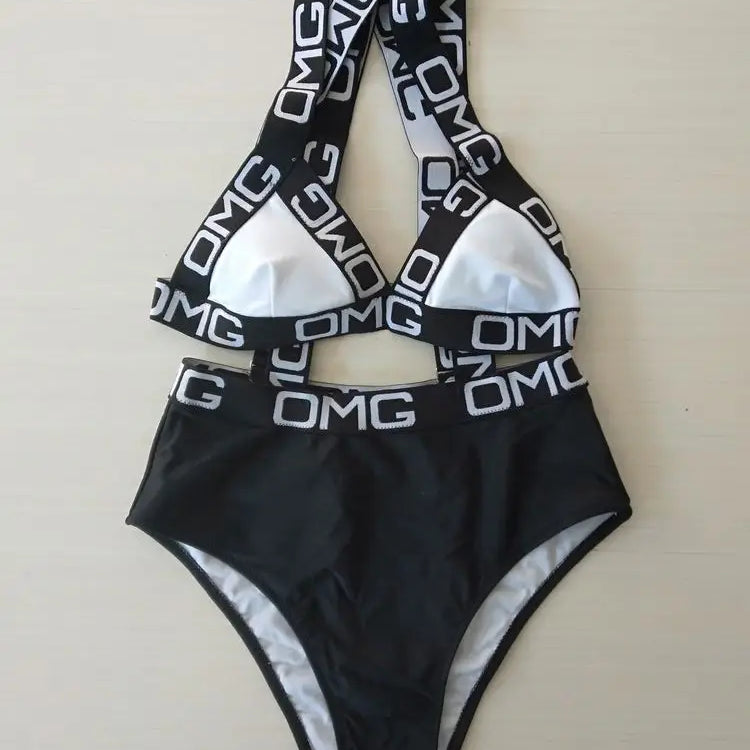 Neon Women Swimsuit Push Up Bikini Swimwear High Waist Bathing Suit OMG Letter Print One Piece Monokini Beachwear Swimsuit