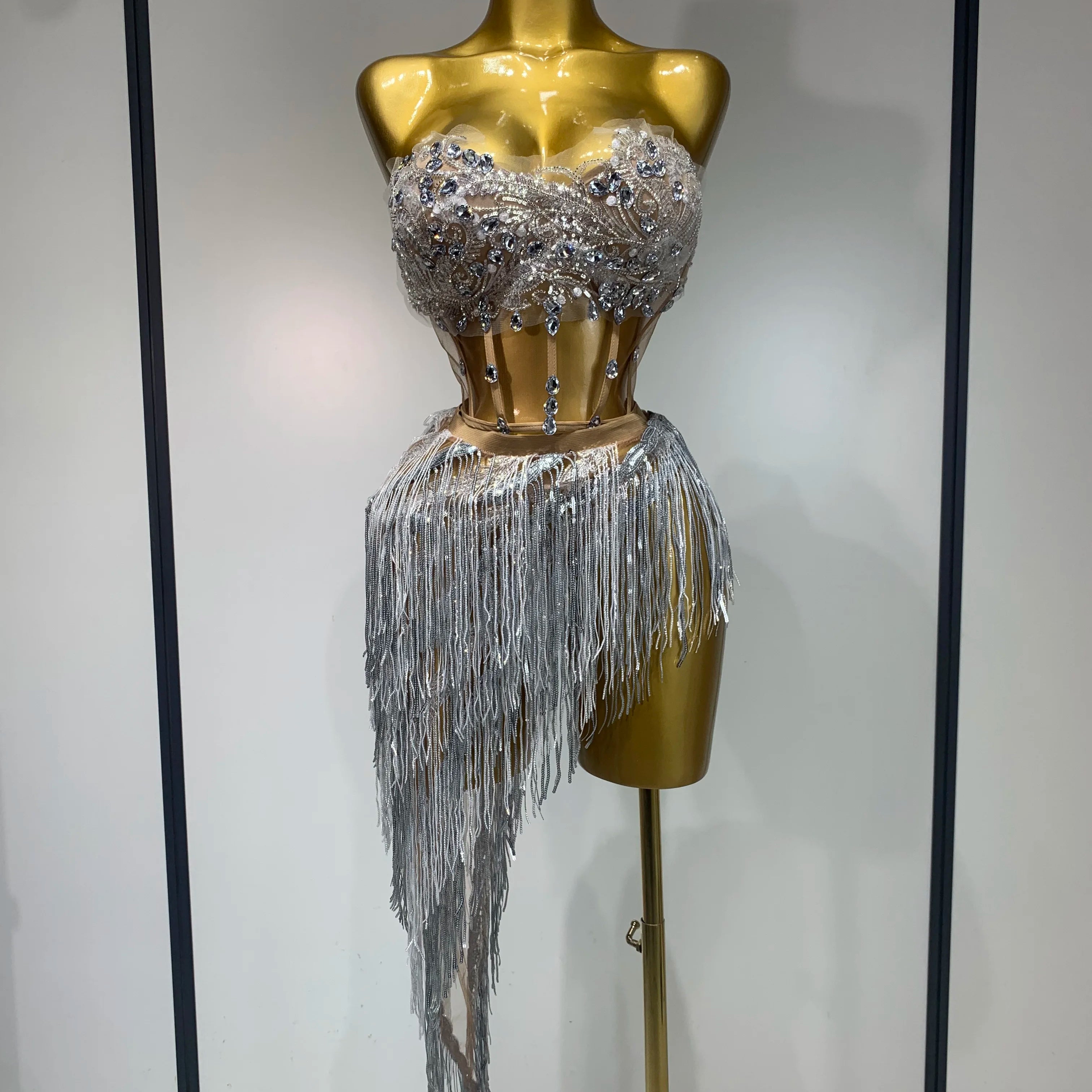 Women Sexy Singer Dancer Performan Costume Nightclub Bar Girl Sparkly Diamond Tassel Two Piece Set Evening Party Birthday Outfit Silver