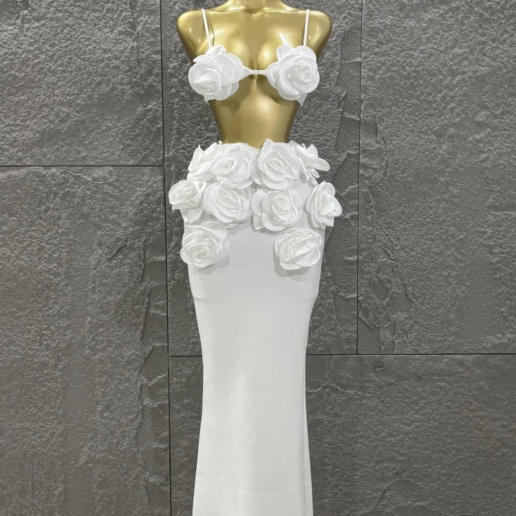 Hot Sale Women Sexy Strap Florlas 2 Pieces Bodycon Long Bandage Dress Nightclub Party Bar Singer Celebrate Birthday Outfit